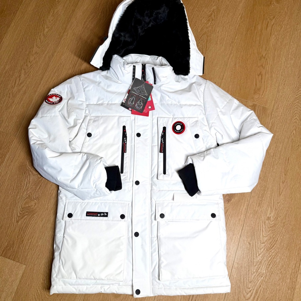 Canada Weather Gear Parka Mens Large White Heavyweight Faux Fur Hood Jacket NWT